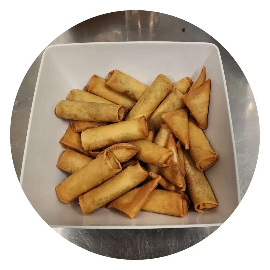 Veggie Hot mix platter including samosas, empanadas, and spring rolls